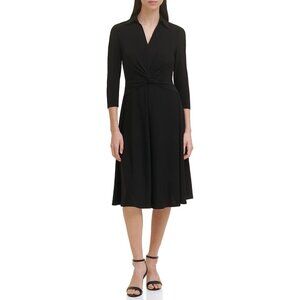 Tommy Hilfiger Womens Size 8 Black Knotted V Neck 3/4 Sleeve Fit Flare NEW